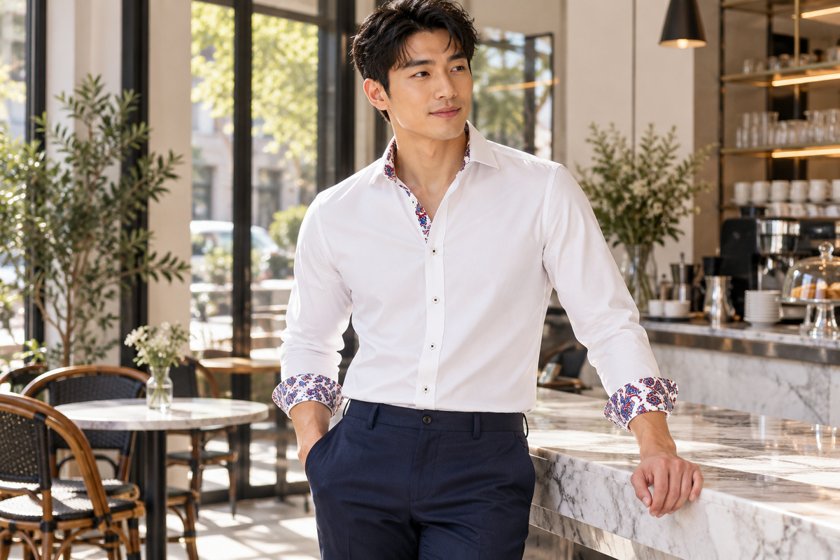 White Dawson shirt styled with navy trousers; AI-generated styling illustration.