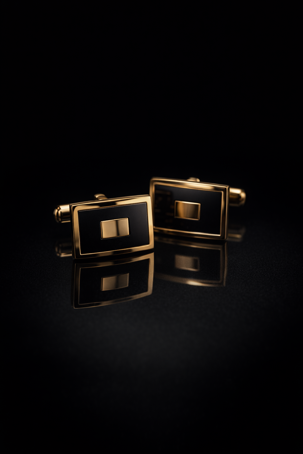 Gold and black rectangular cufflinks on a black reflective background.