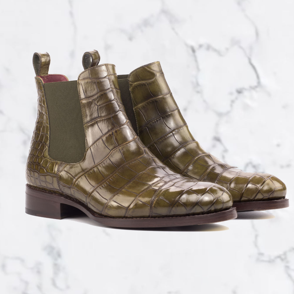 Genuine Alligator Chelsea Boots - Olive
