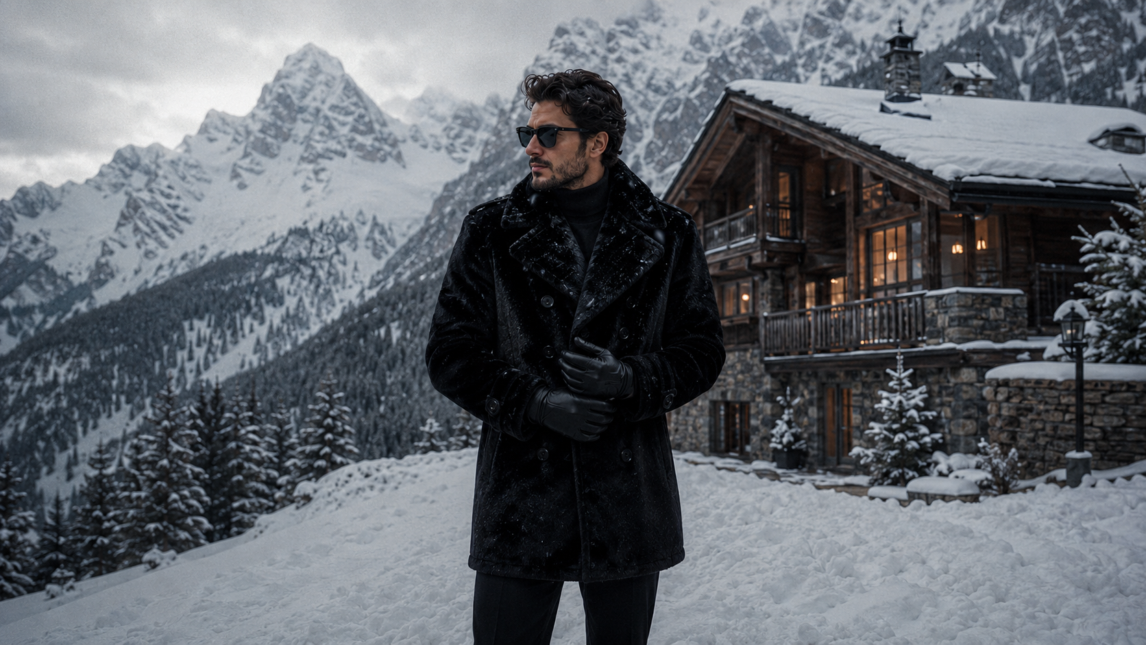 A man wearing a black textured coat, sunglasses, and gloves stands in a snowy mountain setting with a wooden chalet in the background.
