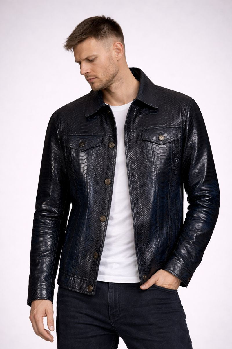 Python Leather Jacket - Black & Blue