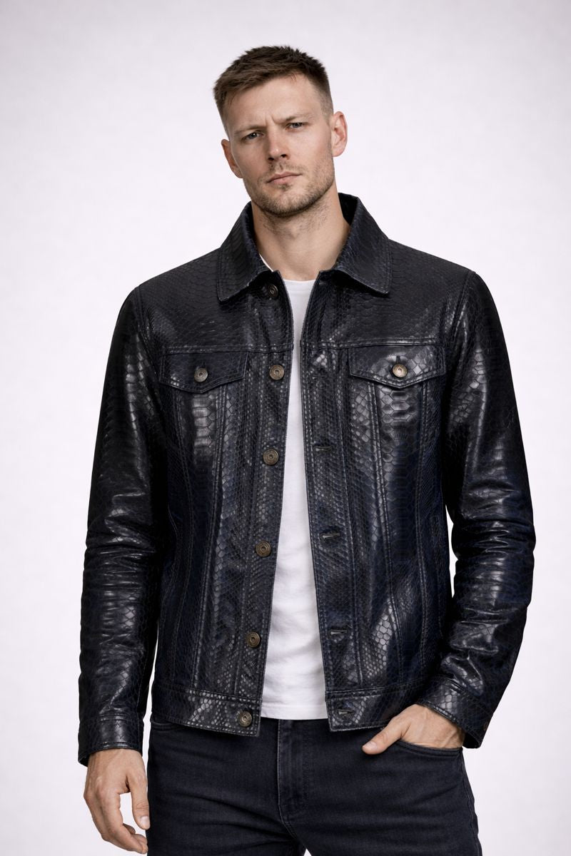 Python Leather Jacket - Black & Blue