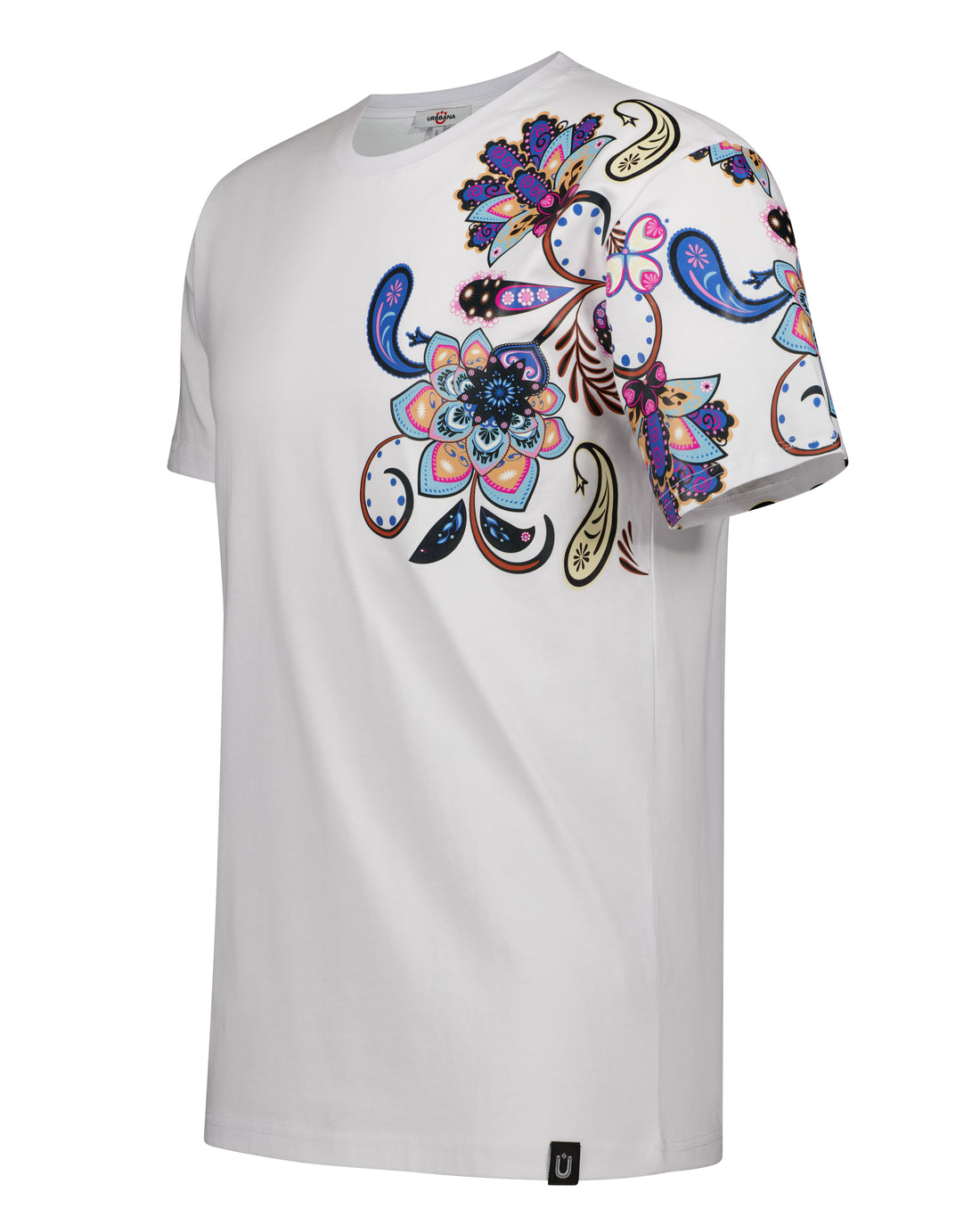 Fine Cotton T-shirt with Shoulder Paisley Print - White - Unique Handmade T-Shirts