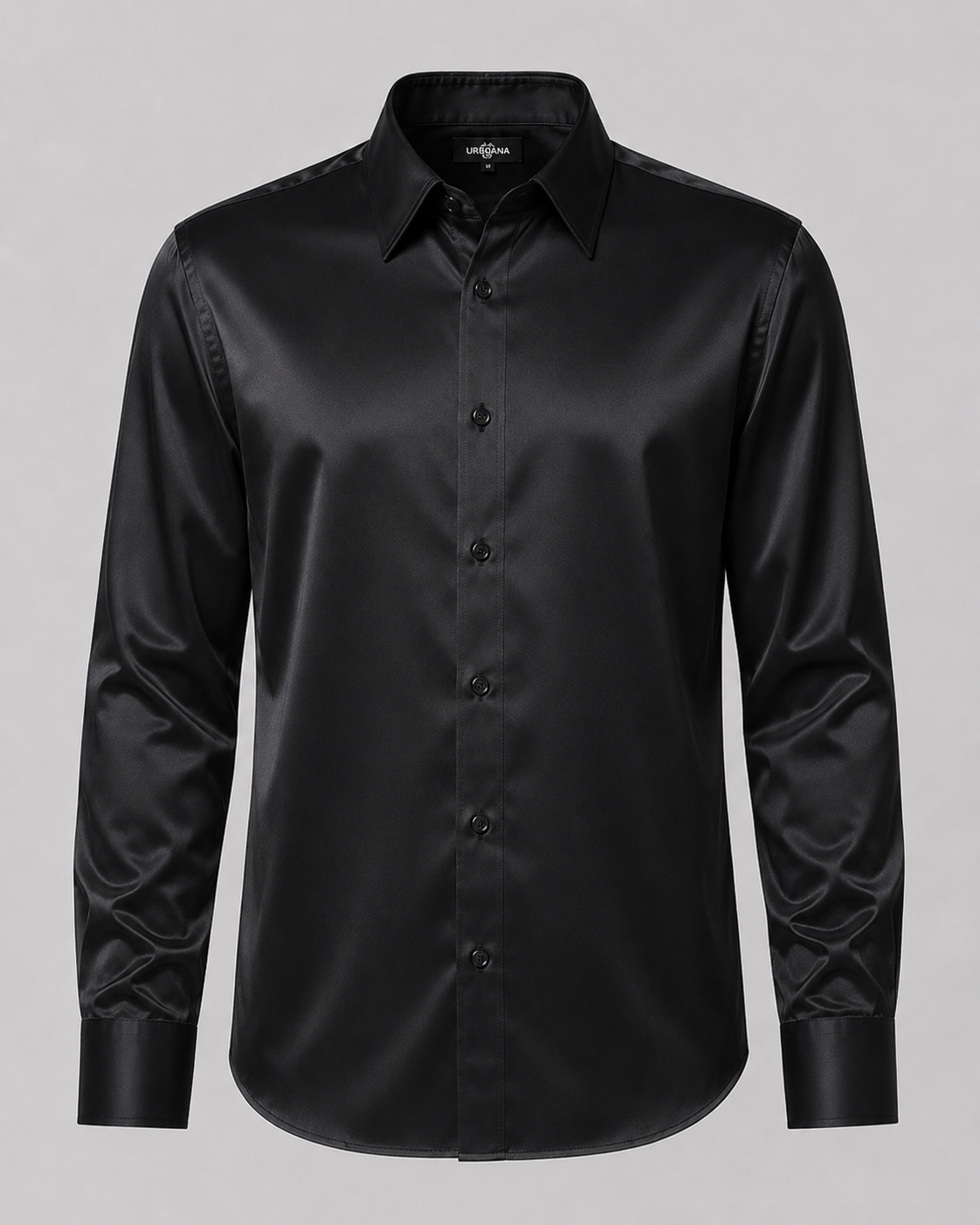 Black mulberry silk shirt with a lustrous finish, shown from the front.