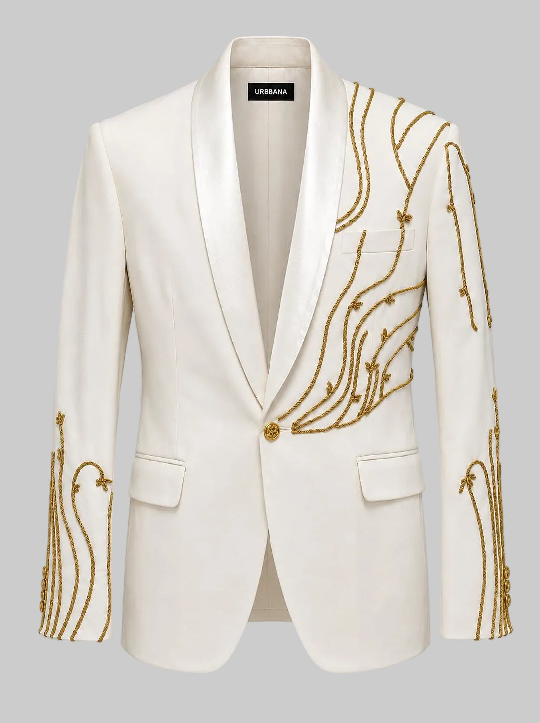 Ivory Alexander ceremony jacket with gold embroidered detailing.