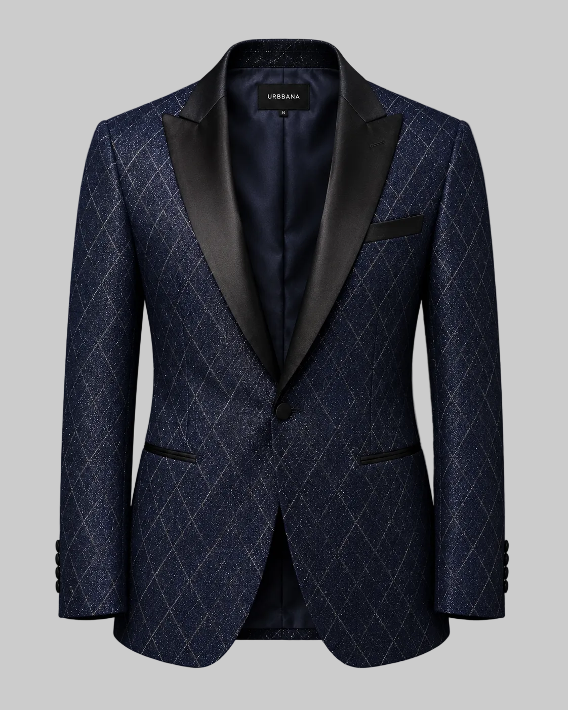 Navy patterned Altman ceremony jacket with black satin shawl lapels, shown from the front.