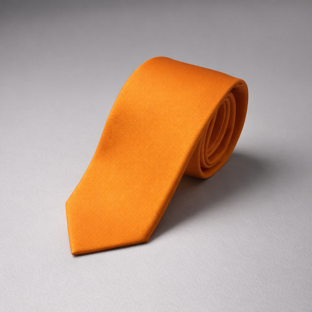 Deep orange silk Ascot tie on a grey background.