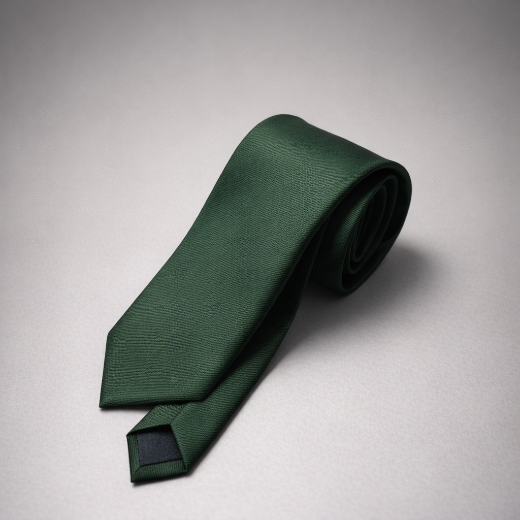 Forest green silk Ascot tie on a grey background.
