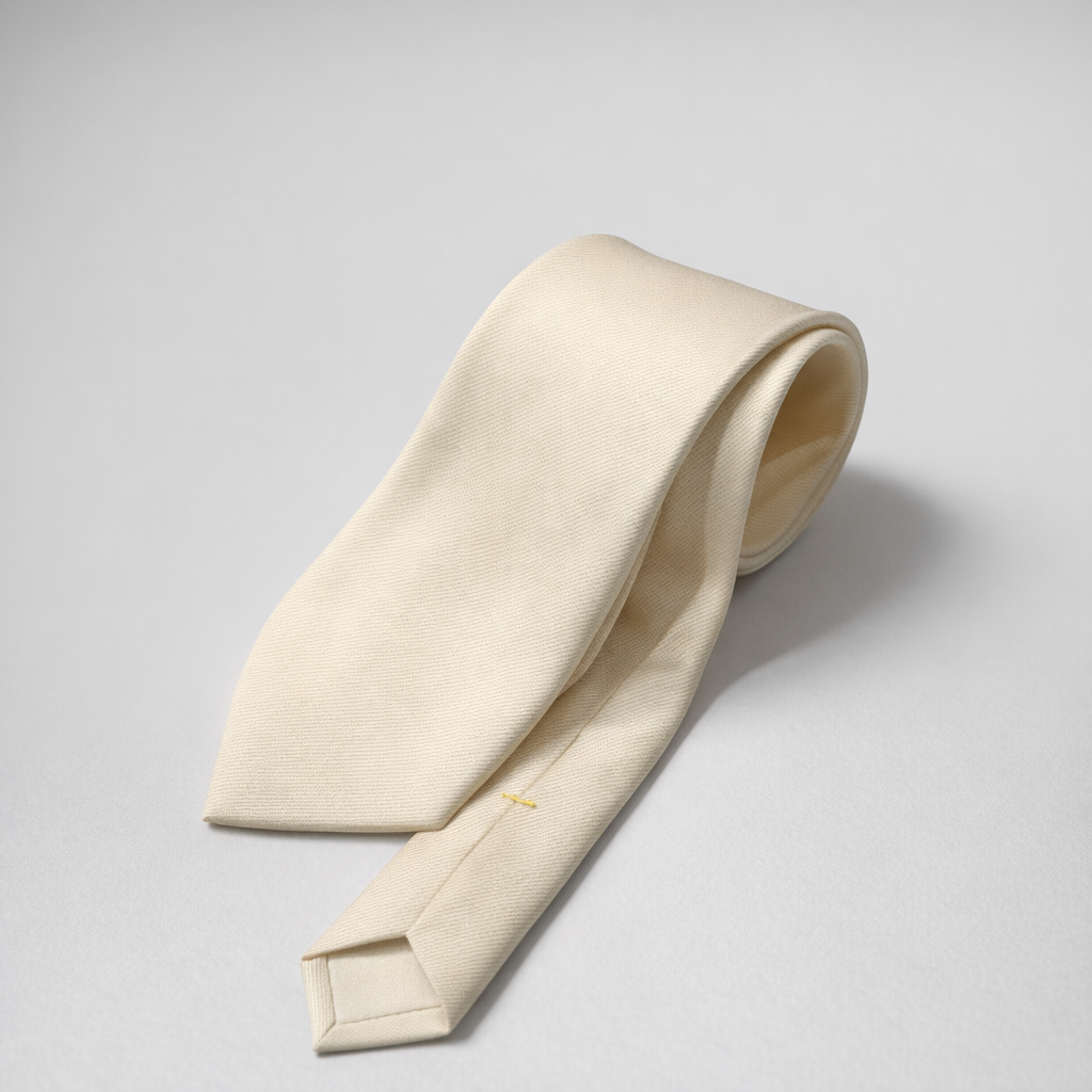 Ivory silk Ascot tie on a grey background.
