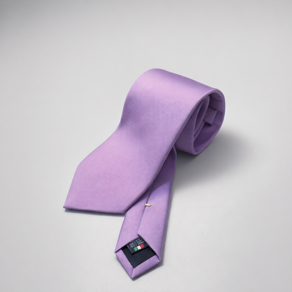 Lavender silk Ascot tie on a grey background.