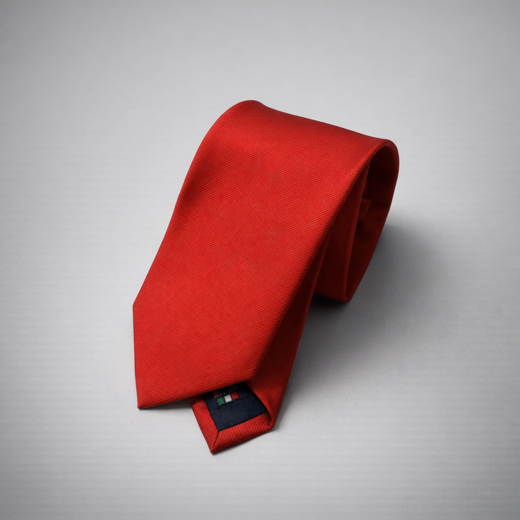 Red silk Ascot tie on a grey background.