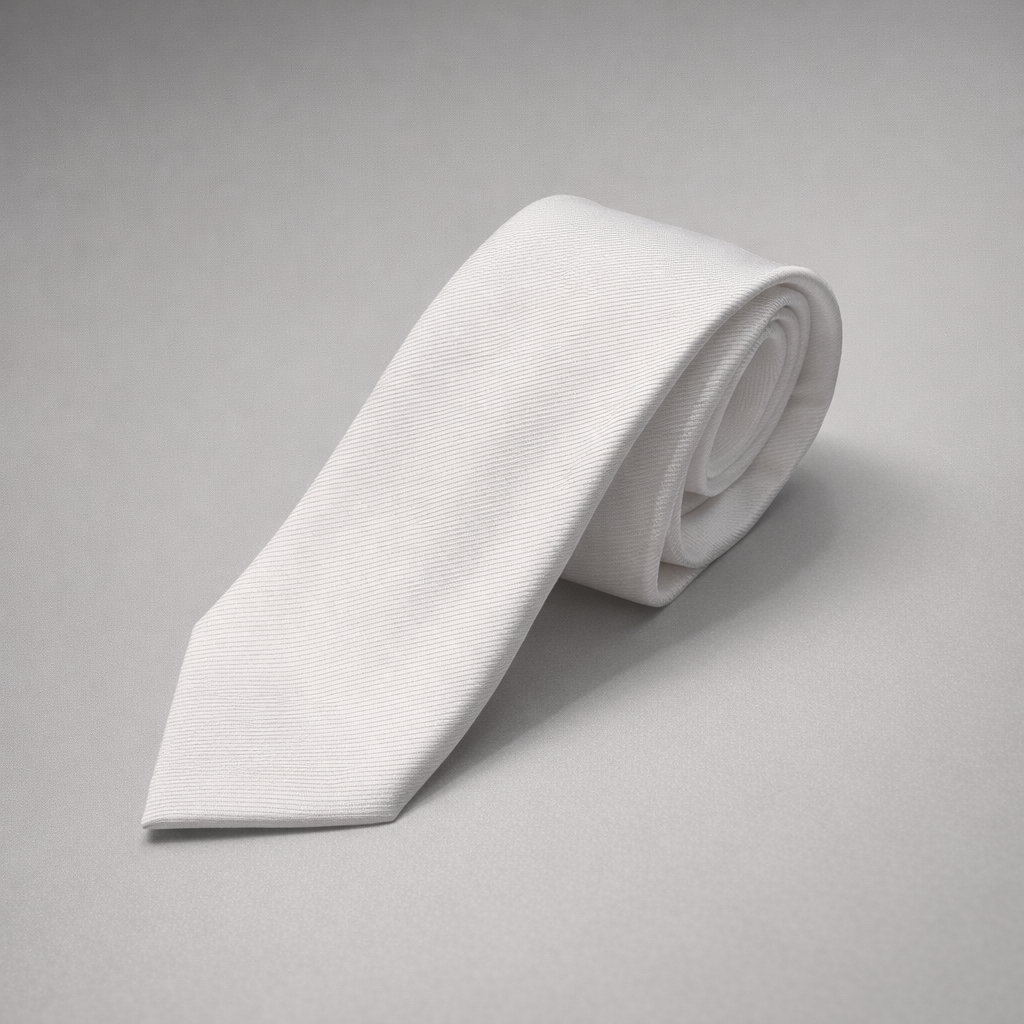 White silk Ascot tie on a grey background.