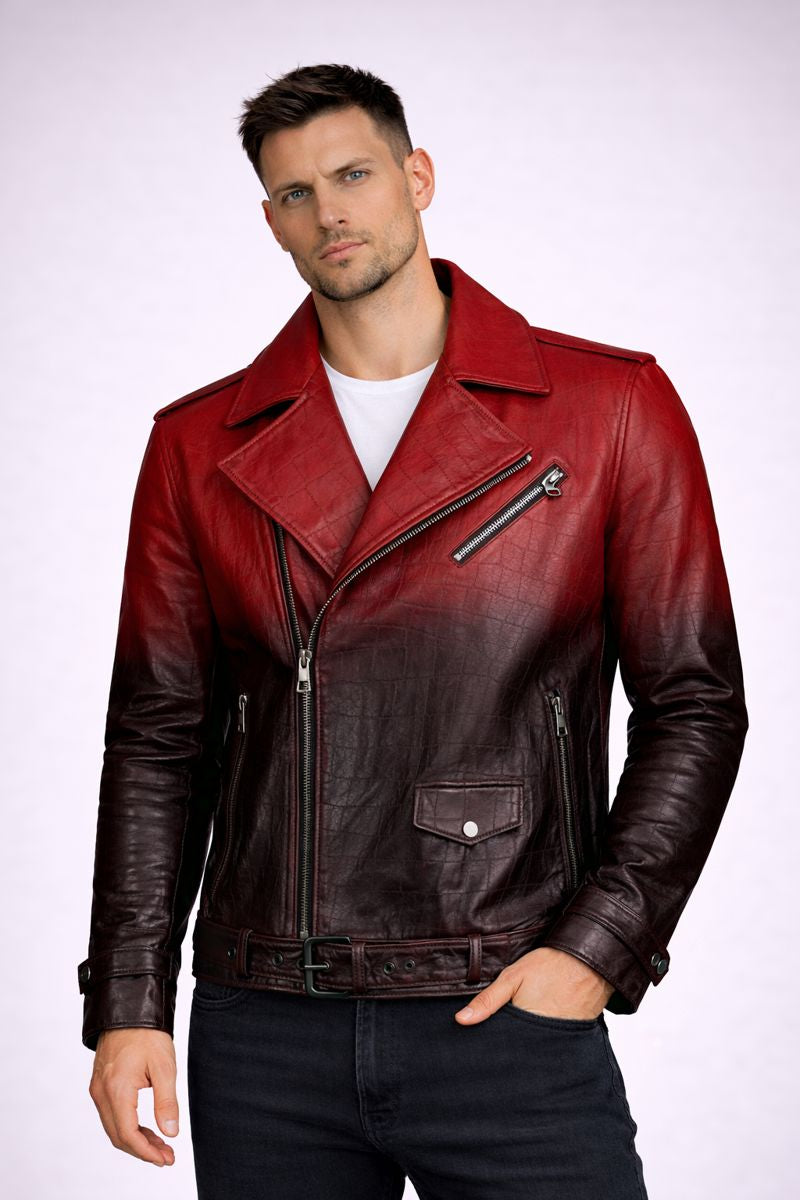 Man wearing a red to black gradient leather jacket on a white background