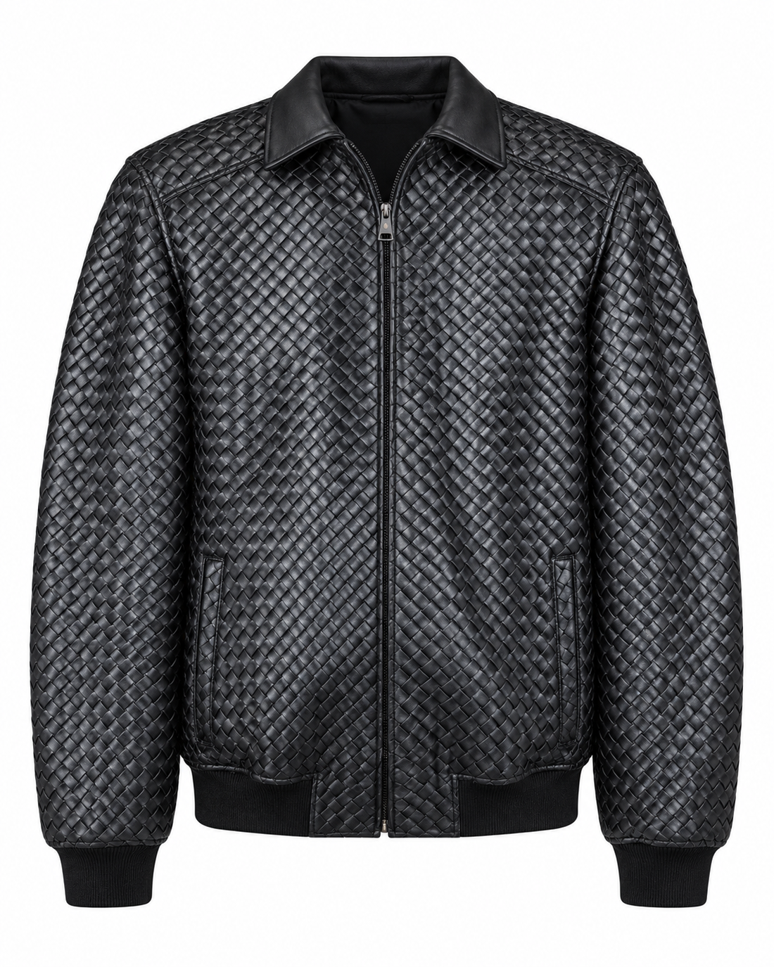 Black fully braided leather bomber jacket front view