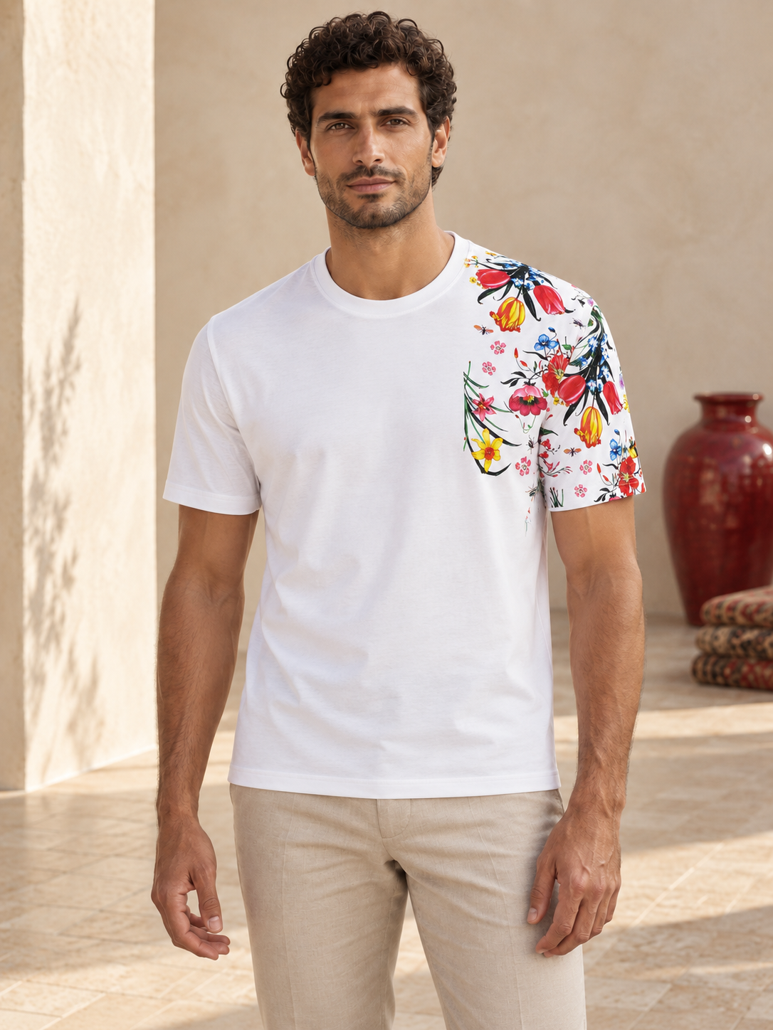 Model wearing Fine Cotton T-shirt with Shoulder Floral Print White