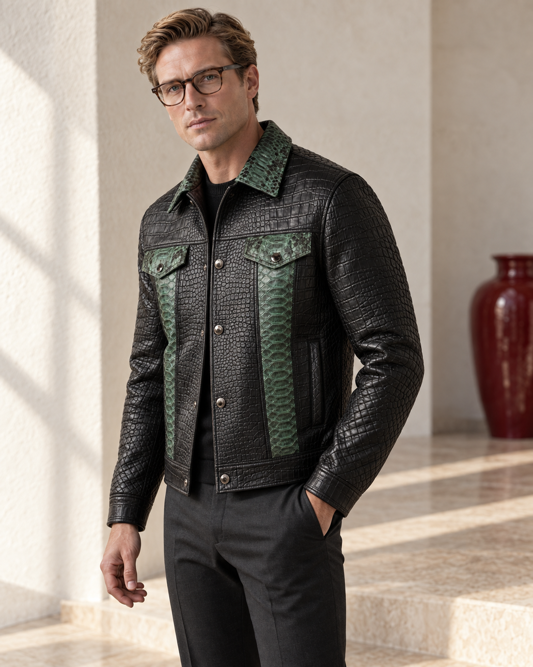 Male model wearing the Presley Black and Sage Python Leather Jacket beside a red glazed ceramic vase