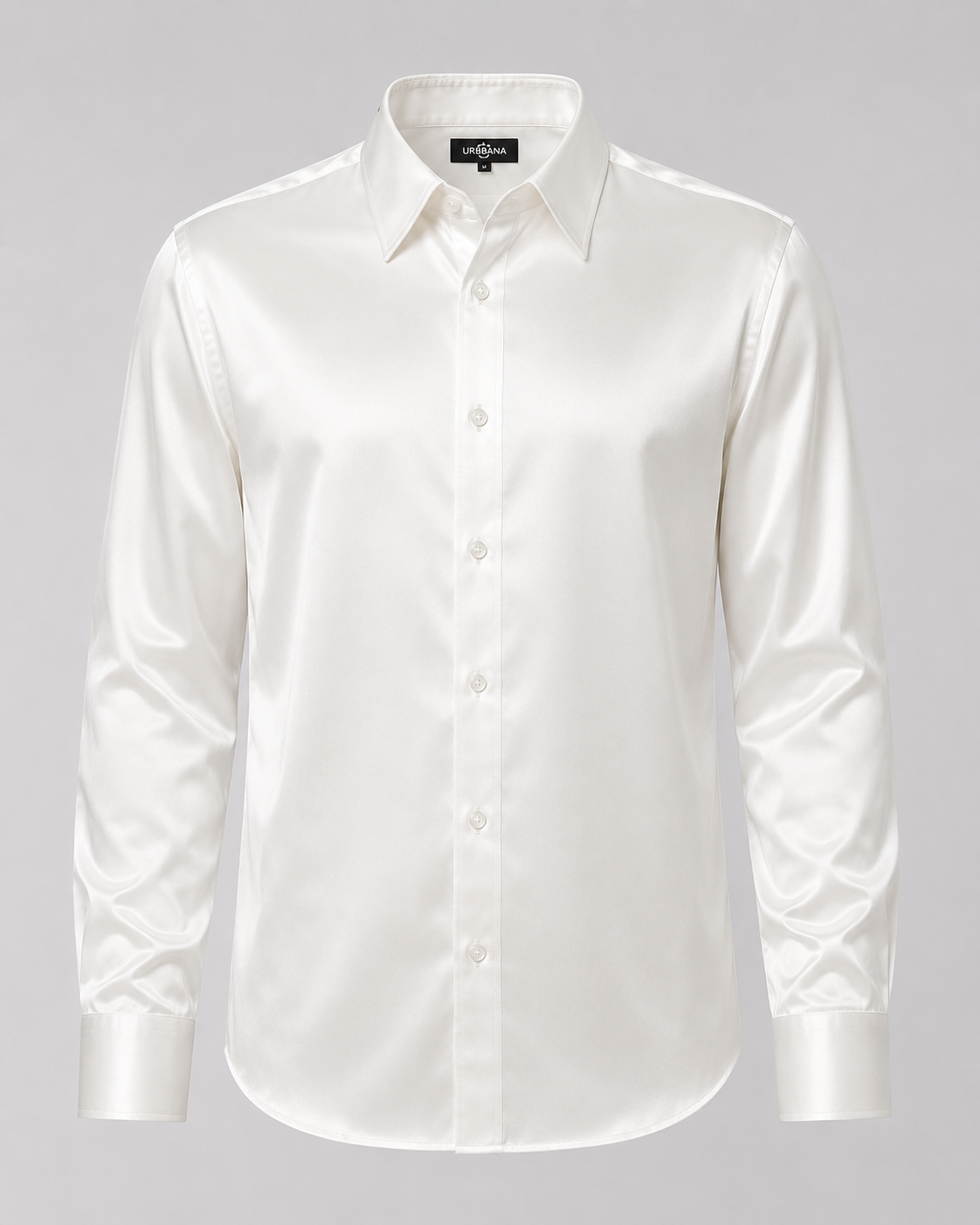 White mulberry silk shirt with a lustrous finish, shown from the front.
