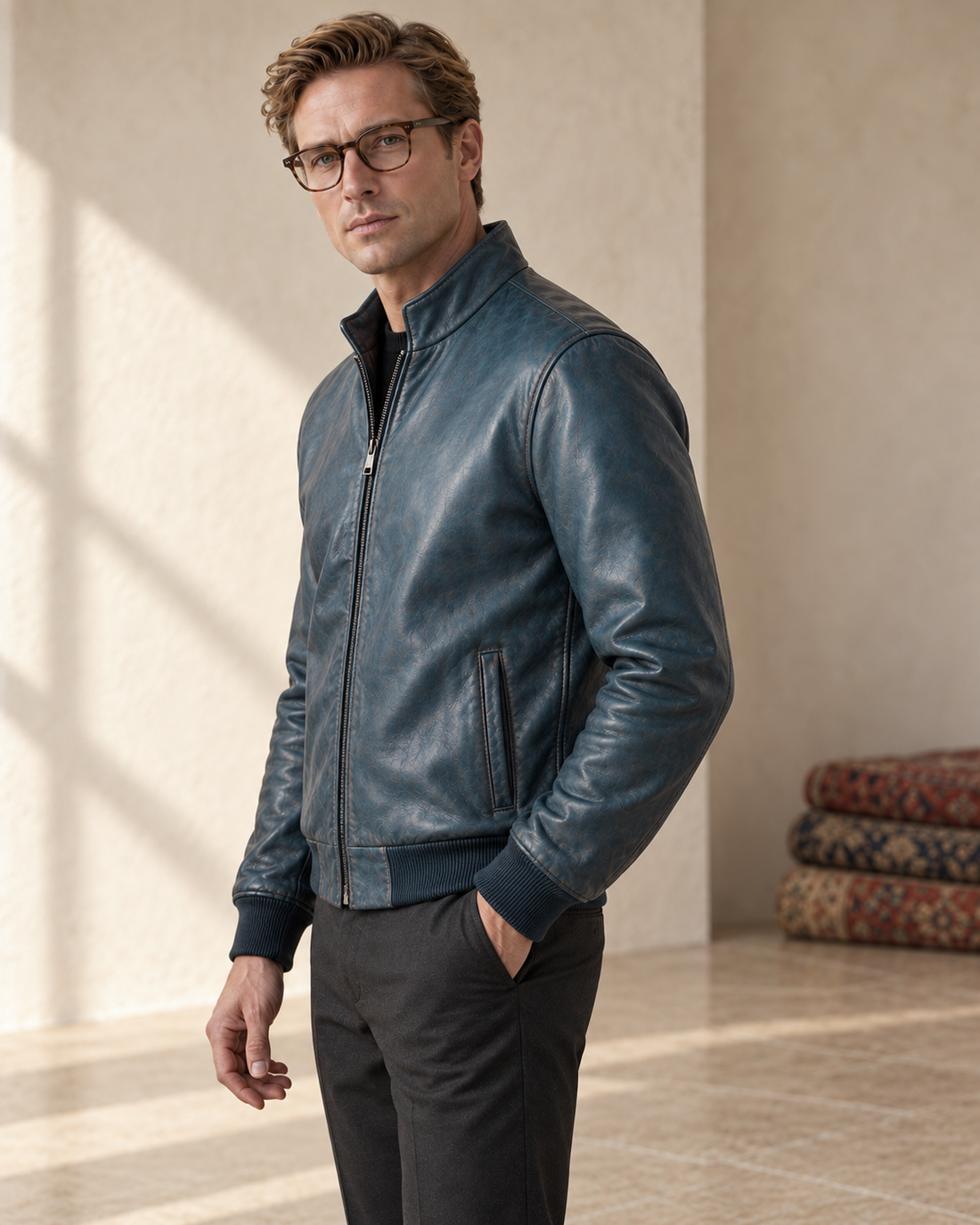 Male model wearing the Teal Patina Lambskin Leather Bomber beside a minimal stack of rugs