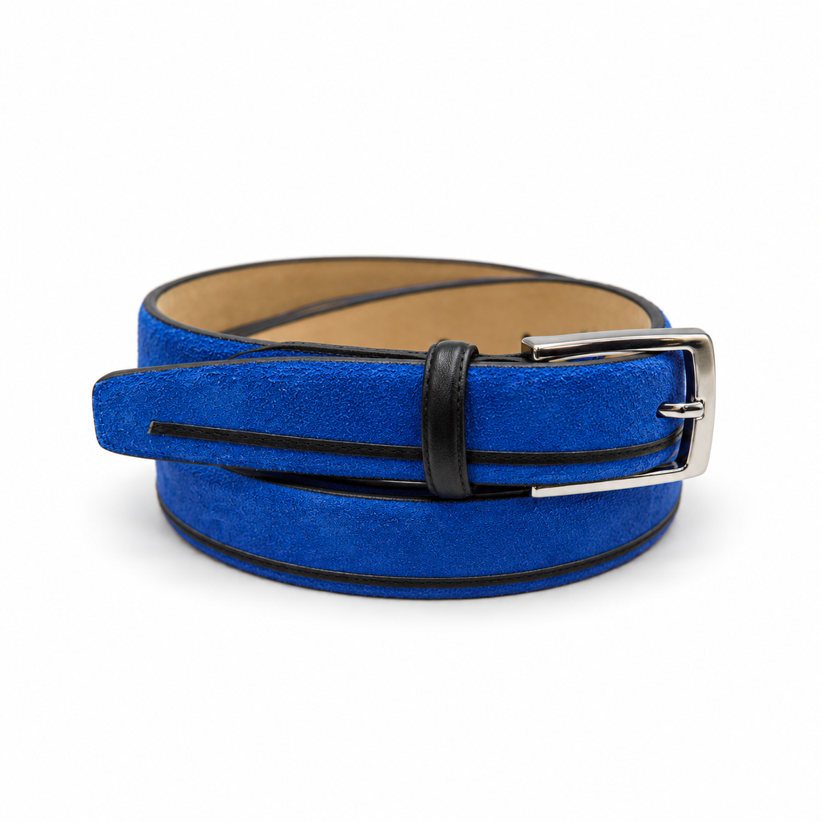 The Moreno Blue Suede Belt — studio product view