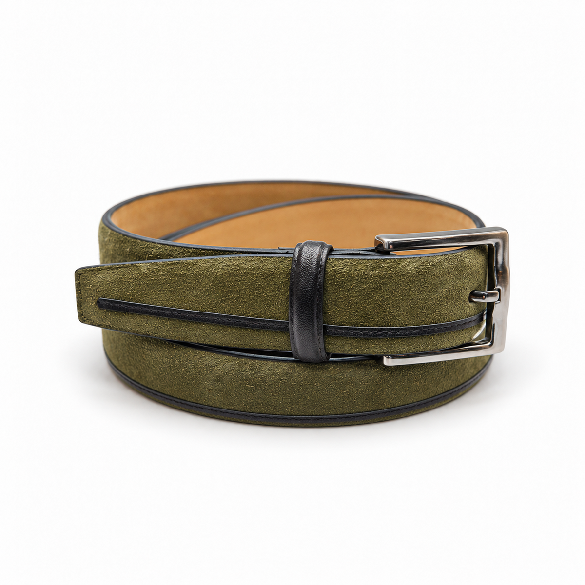 The Telles Khaki Suede Belt — studio product view