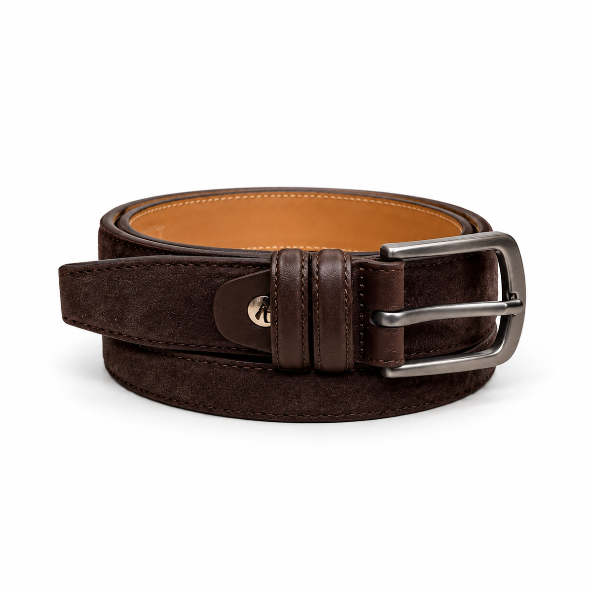 The Telles Suede Belt - Chocolate Brown — coiled studio view