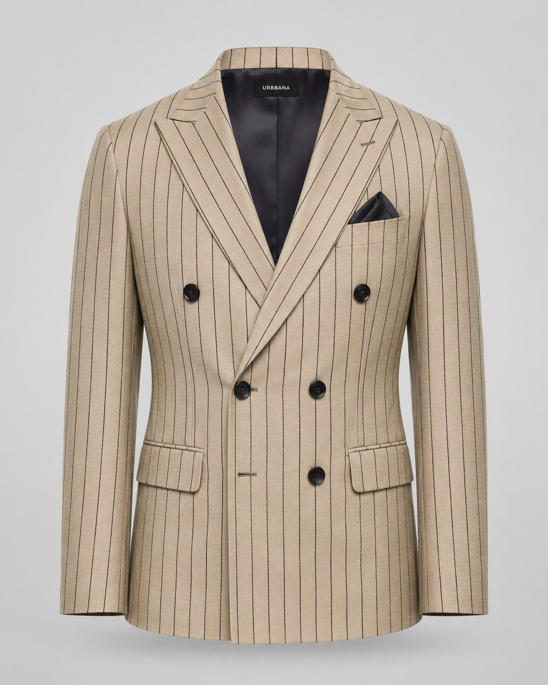 Beige and brown Bowen double-breasted pinstripe blazer with peak lapels.