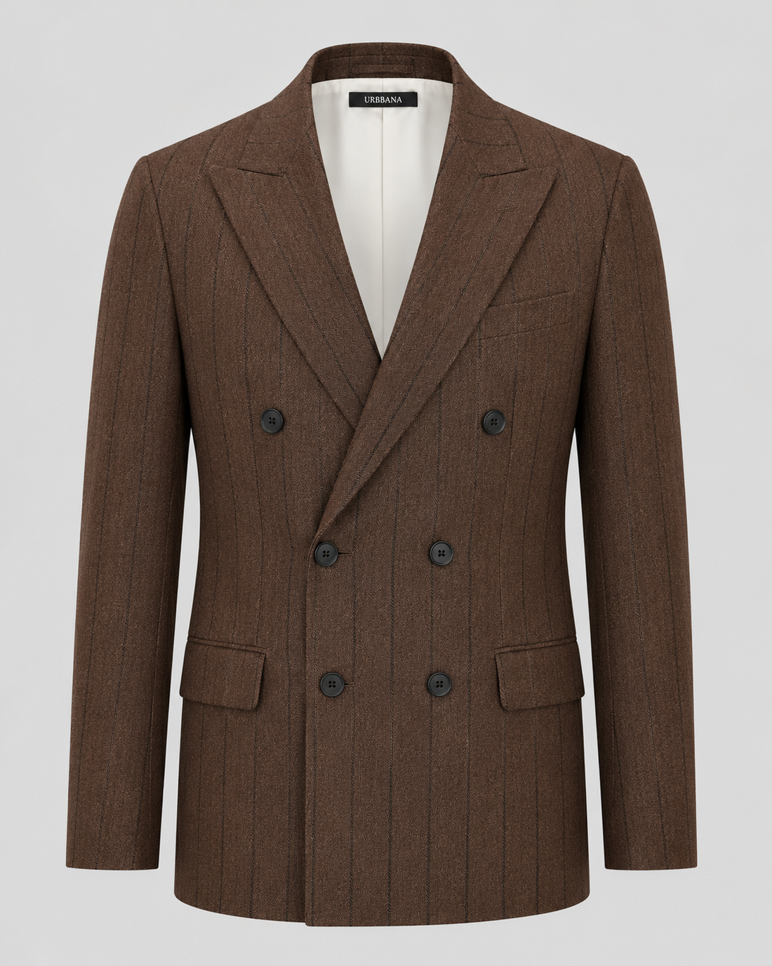 Brown and navy Bowen double-breasted pinstripe blazer with peak lapels.