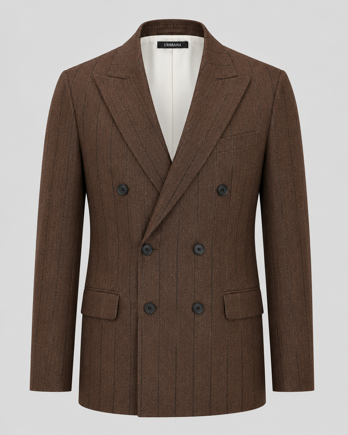 Brown and navy Bowen double-breasted pinstripe blazer with peak lapels.