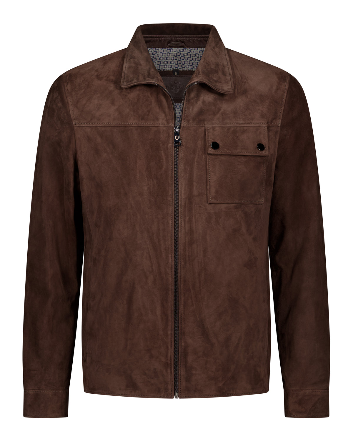 URBBANA camel one-pocket suede trucker jacket.