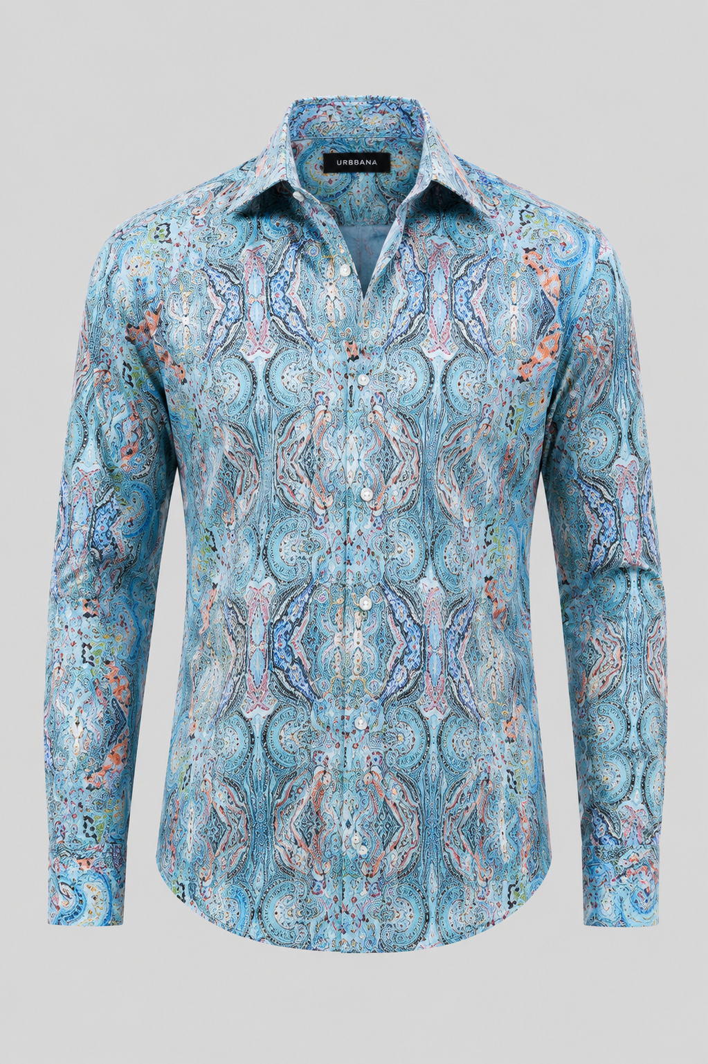 Dalí shirt with a teal and blue paisley print, shown from the front.