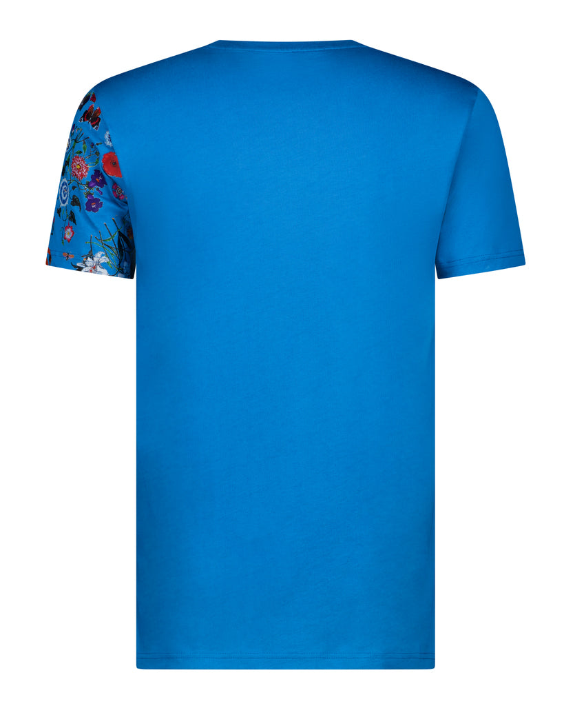 Fine Cotton T-shirt with Shoulder Floral Print - Blue - Handmade T-Shirts