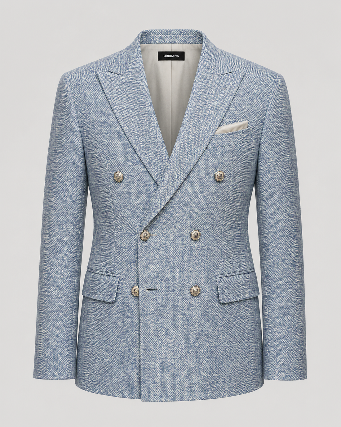 Light blue Hamilton double-breasted blazer with peak lapels and metallic buttons.
