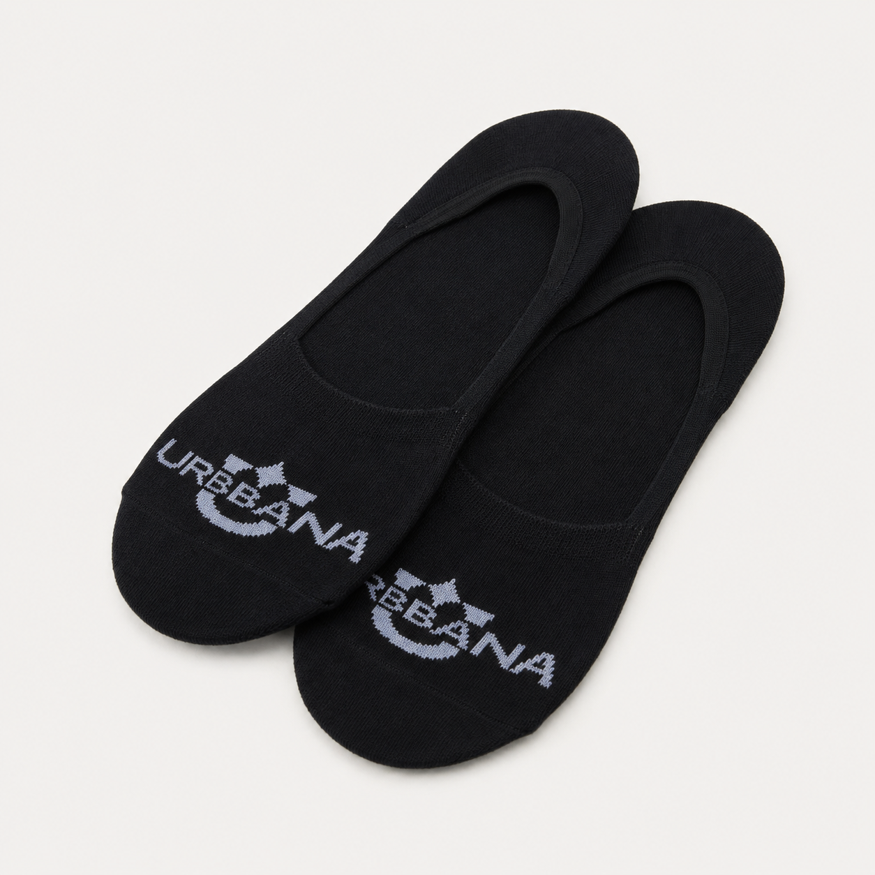 Black invisible no-show socks by URBBANA on a light grey studio background