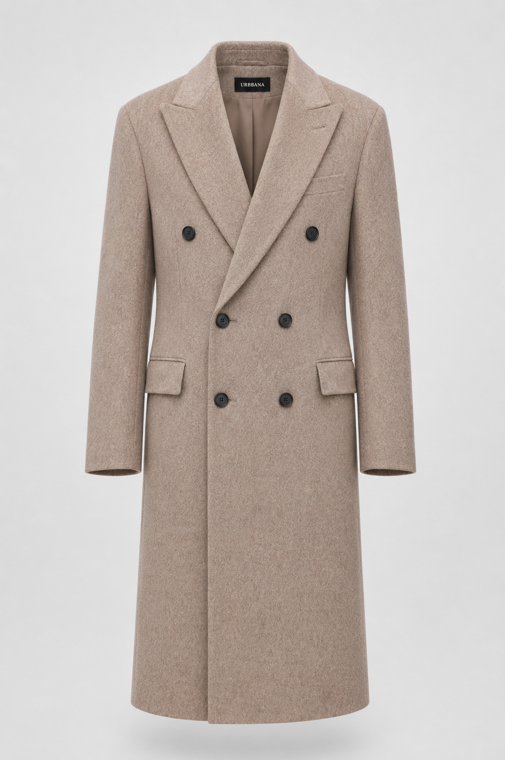Crème London double-breasted overcoat with peak lapels and flap pockets.
