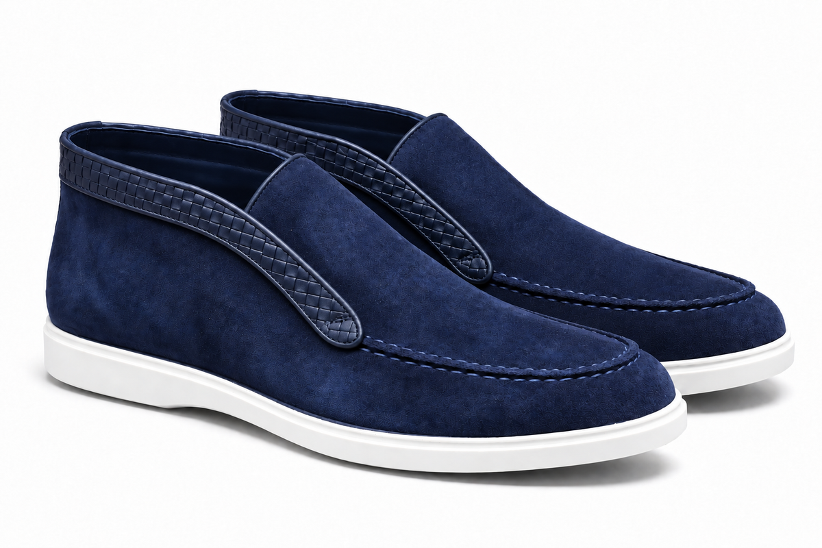 URBBANA Caspian Blue suede ankle loafers with woven leather trim, angled studio pair.