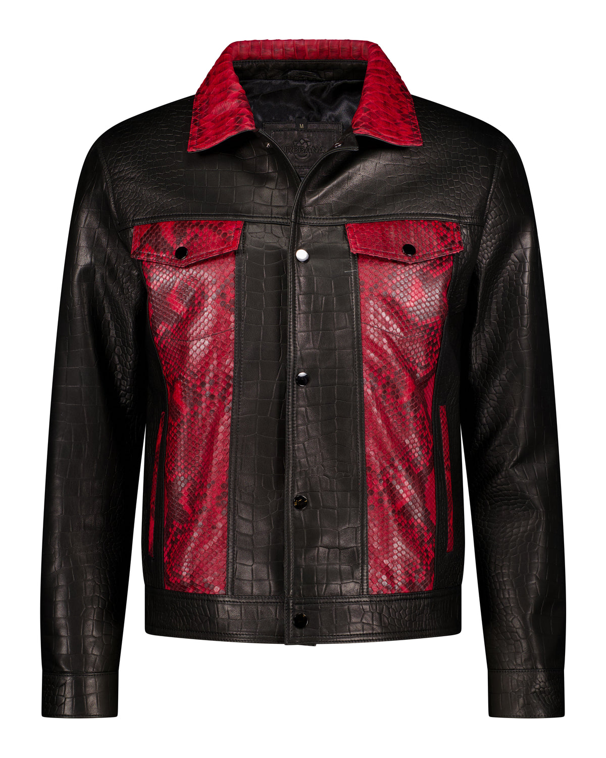 URBBANA Presley black and red python and lambskin jacket.