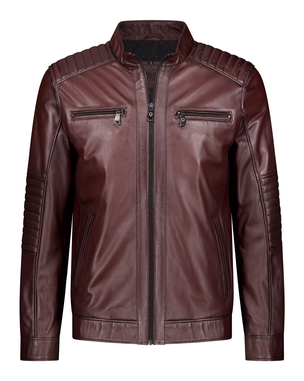URBBANA rich-mahogany cafe-racer leather jacket.