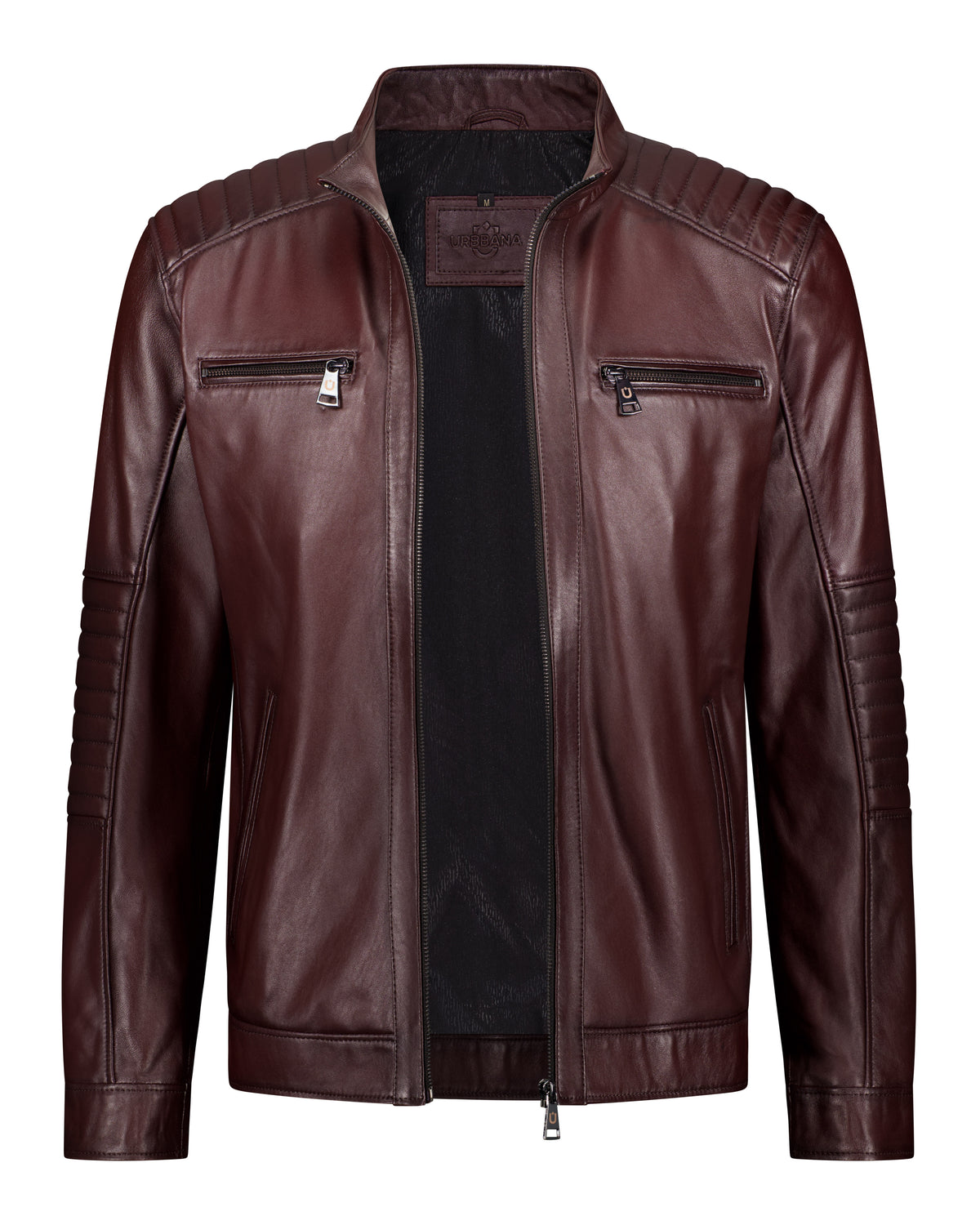 URBBANA rich-mahogany cafe-racer leather jacket.