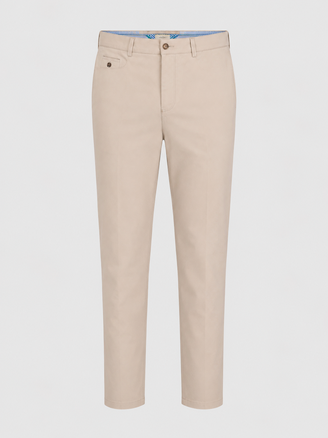 Tamborine cream slim-fit chinos shown from the front.