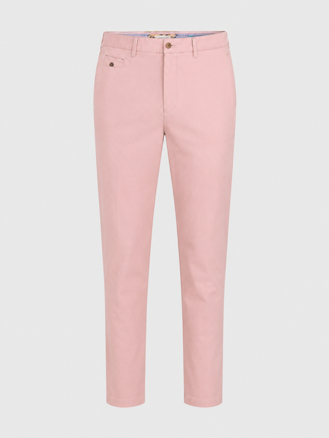 Tamborine pink slim-fit chinos shown from the front.