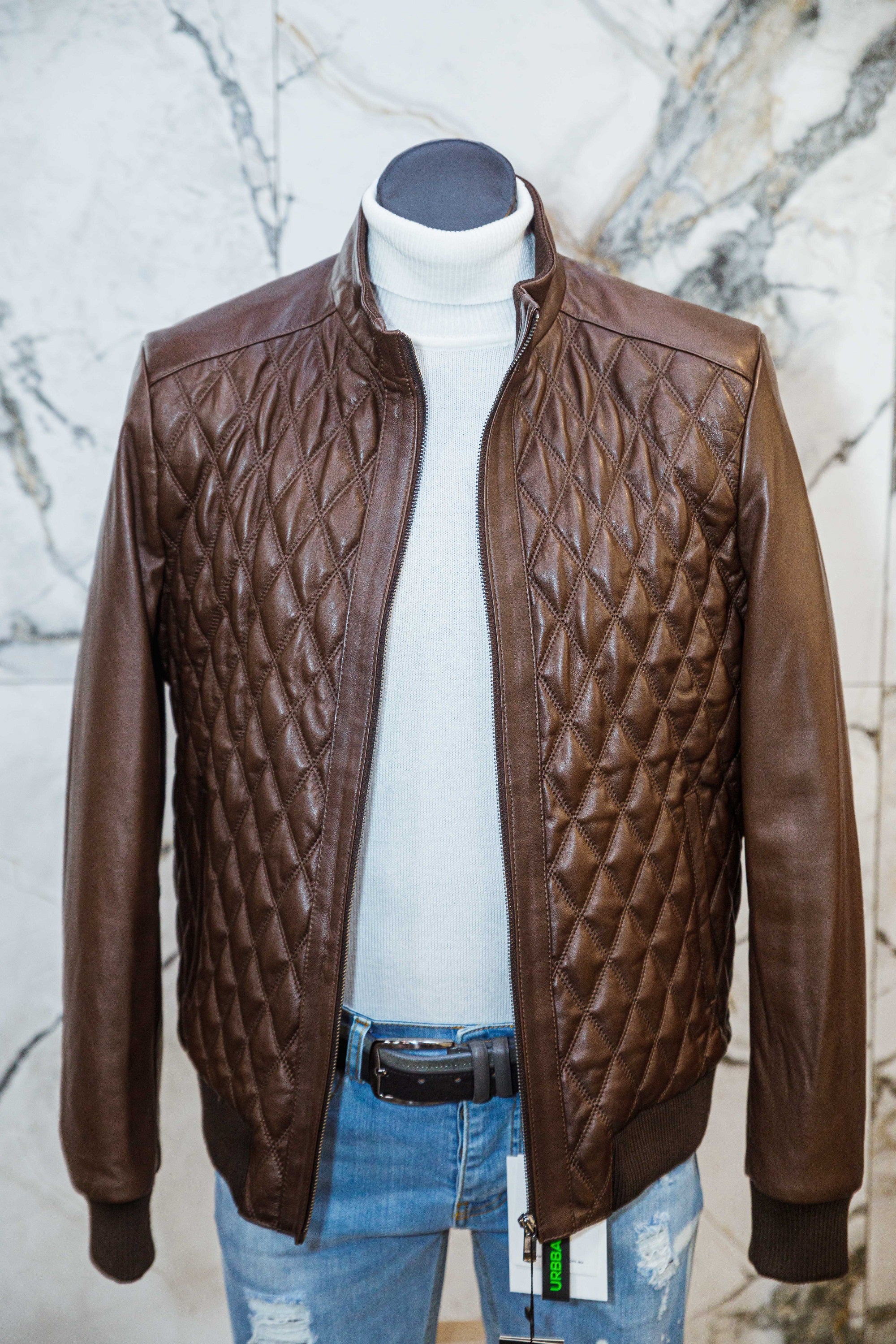 Lambskin Leather Jacket - Brown Diamond - Leather Jacket by Urbbana