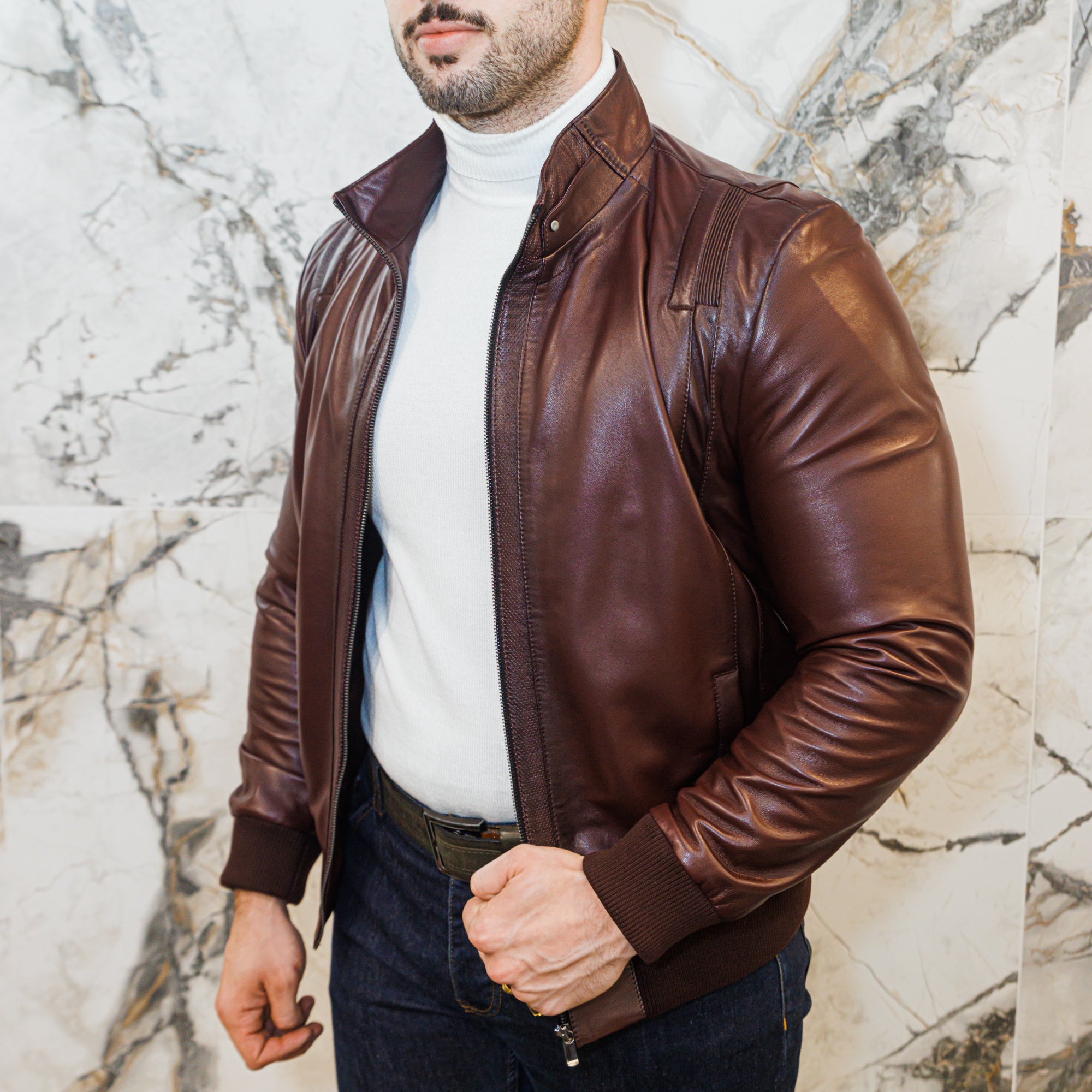Lambskin Leather Biker Jacket - Burgundy - Leather Jacket by Urbbana