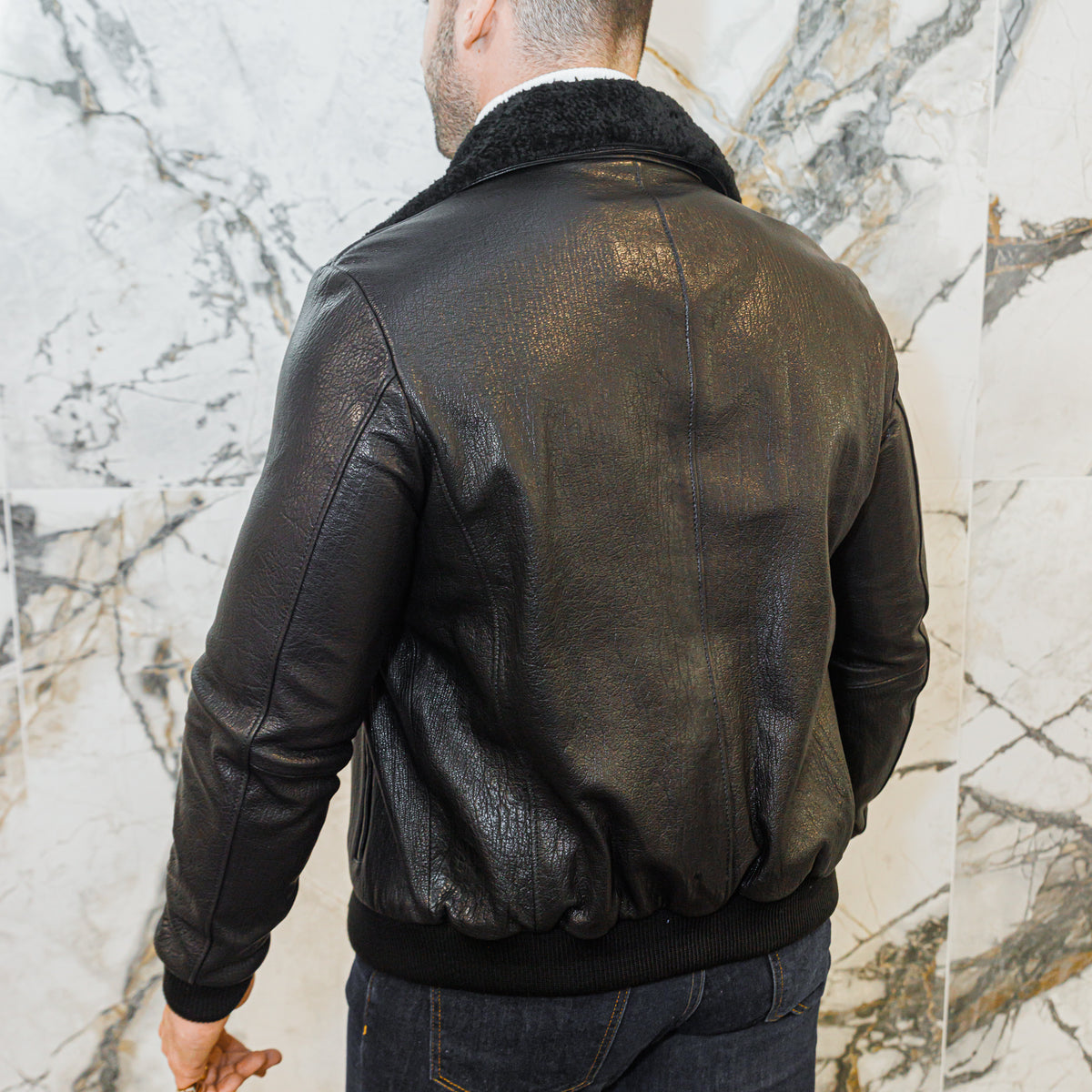 Shearling Collar Leather Jacket - Black - Leather Jacket by Urbbana