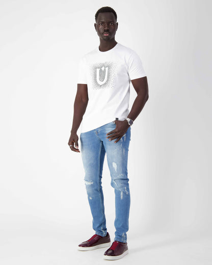 Fine Cotton T-shirt with Crystal U Embellishment - White
