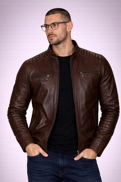 Cafe Racer Leather Jacket - Chocolate Brown