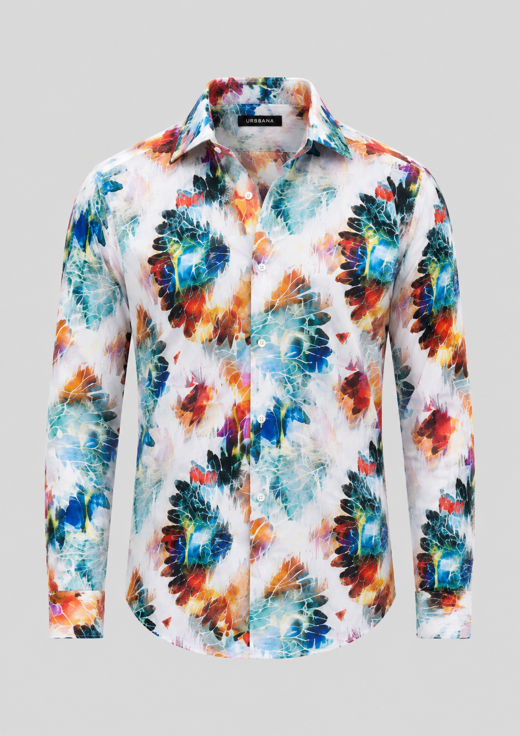 Camus shirt with a white multicolour abstract print, shown from the front.