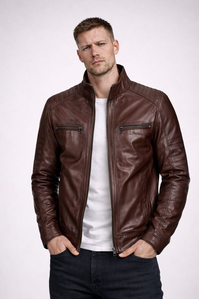 Cafe Racer Leather Jacket - Patina Brown