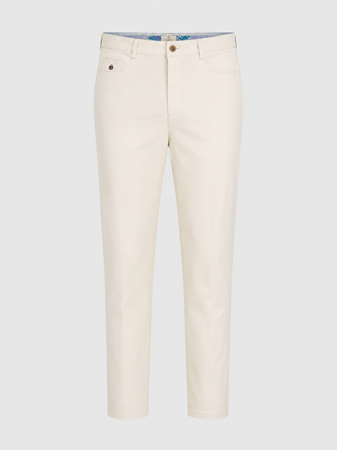 A pair of slim-fit, straight-leg trousers in a light cream or off-white color, displayed on a clean, light gray background.