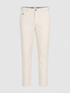 A pair of slim-fit, straight-leg trousers in a light cream or off-white color, displayed on a clean, light gray background.