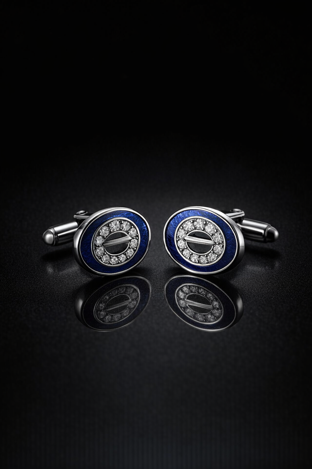 Round silver Roman coin cufflinks on a black reflective background.